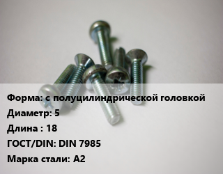 Винт с полуцилиндрической головкой 5х18 DIN 7985 Сталь: А2, нержавеющий, цена за шт, кг цена от 6.4 ₼ / кг, где купить, условия доставки в Баку и Бакинская области